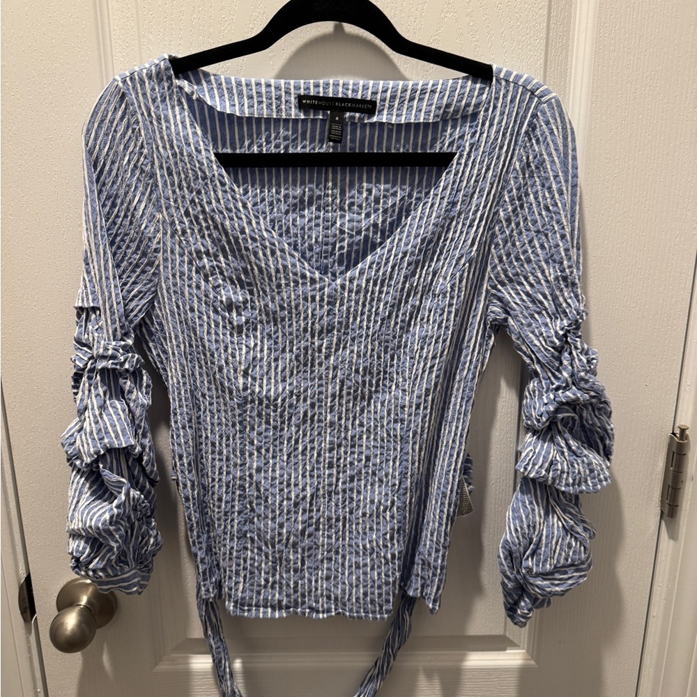 White House Black Market Blue and White Striped Blouse